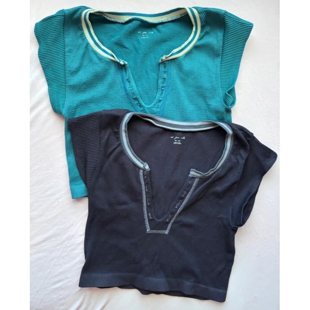 Out From Under 2 Ribbed Henley Cap Sleeve Tops in Teal Blue/Black Size Med/Large